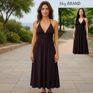 Sky brand Maxi chocolate brown dress with leather front belt triangle halter top